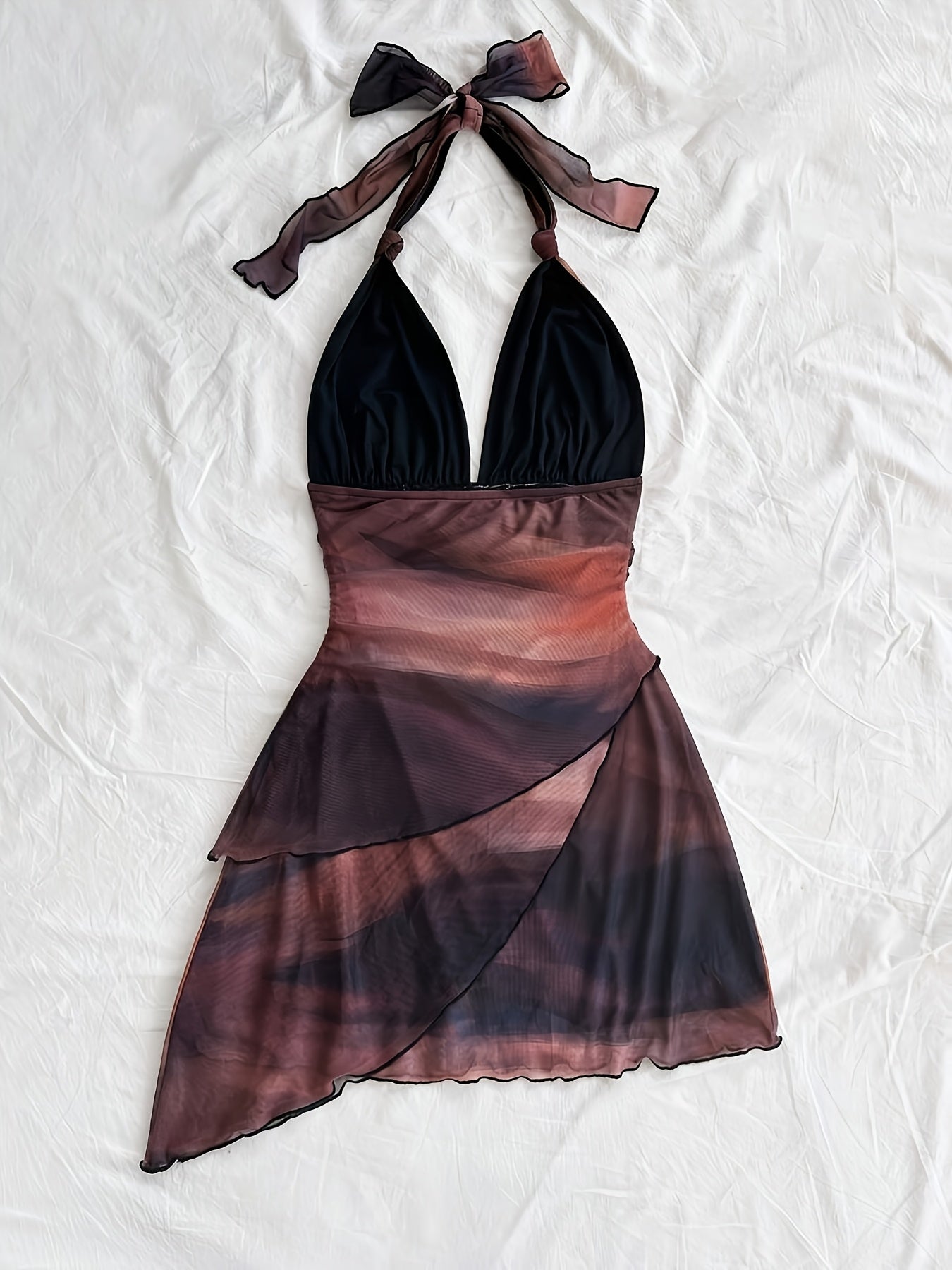 Women'S Fashionable Ombre V-Neck Dress - Asymmetrical Sleeveless Maxi Dress with Ribbon Detail, Perfect for Spring/Summer Vacation, Vacation Attire|Asymmetrical Hemline|Ribbon Accent, Beach Dress