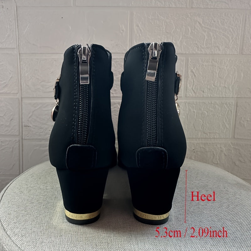 [Chunky Heel Black Mesh Boots] Elegant Black Mesh Peep-Toe Ankle Boots with Chunky Heel - Stylish Back Zipper Design, Breathable & Comfortable Women's High Heels for All Seasons, Stylish Office Shoes|Zipper Closure Boots|Slee