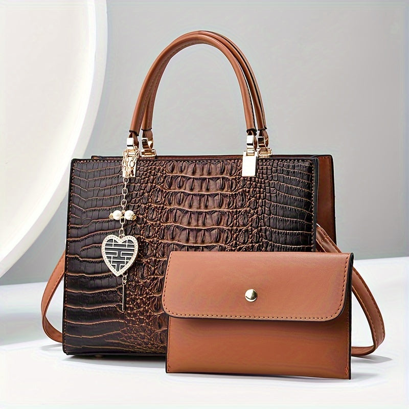 Women's Casual Large Capacity Handbag - Crocodile Pattern PU Purse with Removable Strap | Zipper Closure | Polyester Lining