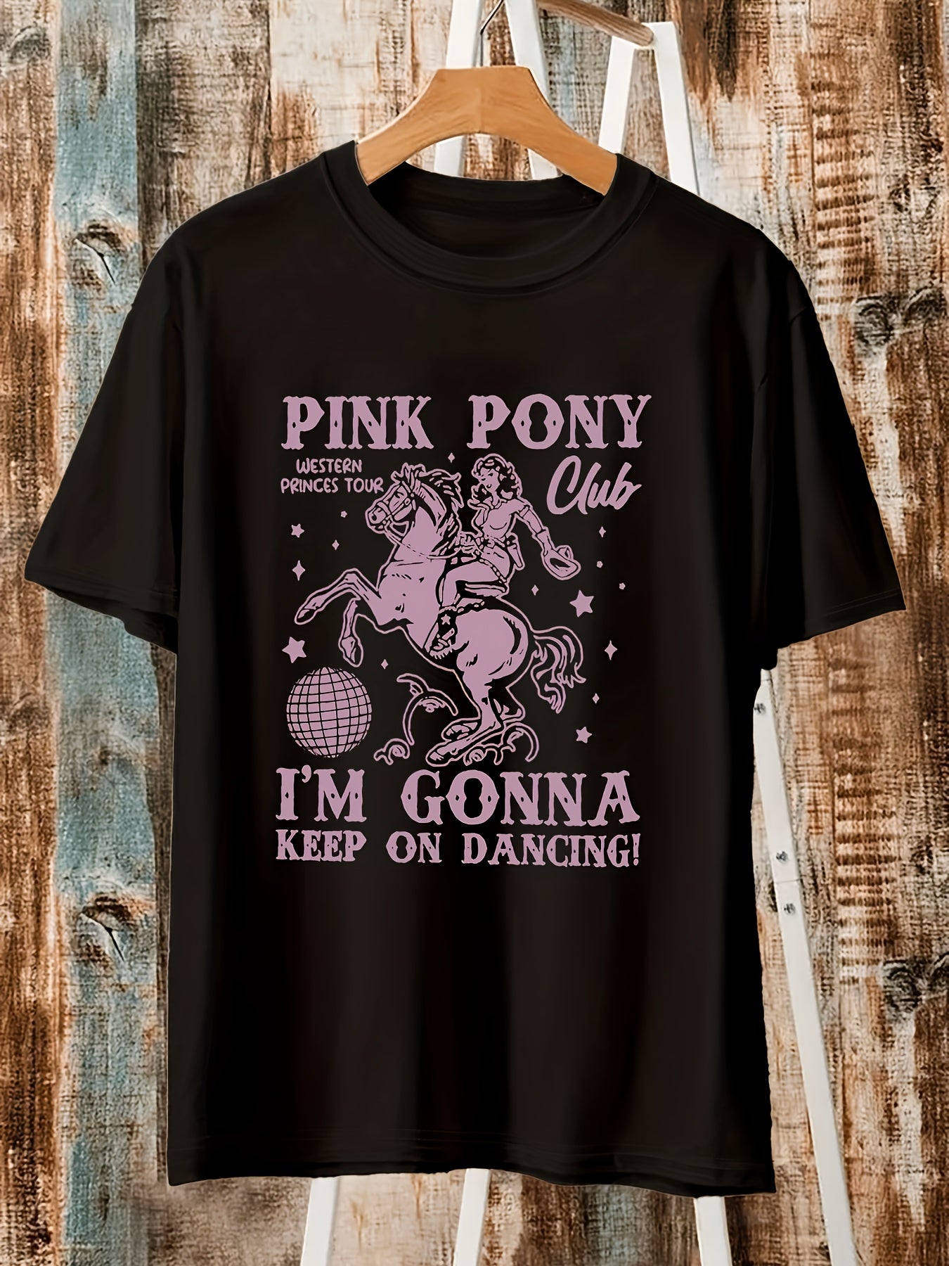 Women'S Pink Pony Club Graphic Tee - "I'm Gonna Keep on Dancing" Print, Casual Crew Neck Short Sleeve T-Shirt, Spring/Summer Fashion Top, Cute and Elegant Styl