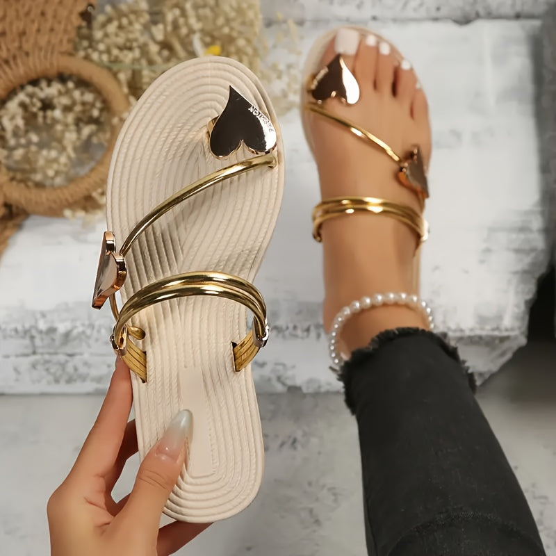 Elegant Women's Summer Slide Sandals with Heart-Shaped Metallic Toe Loop - Chic Beige Flat Sandals, Easy Slip-On, Faux Cover Upper & Rubber Sole, Perfect for Casual Wear, Strappy Sandals