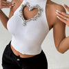 Heart Shaped Cut Out Rhinestone Halter Top, Chic Ribbed Slim Crop Sleeveless Knitted Top For Summer, Women's Clothing