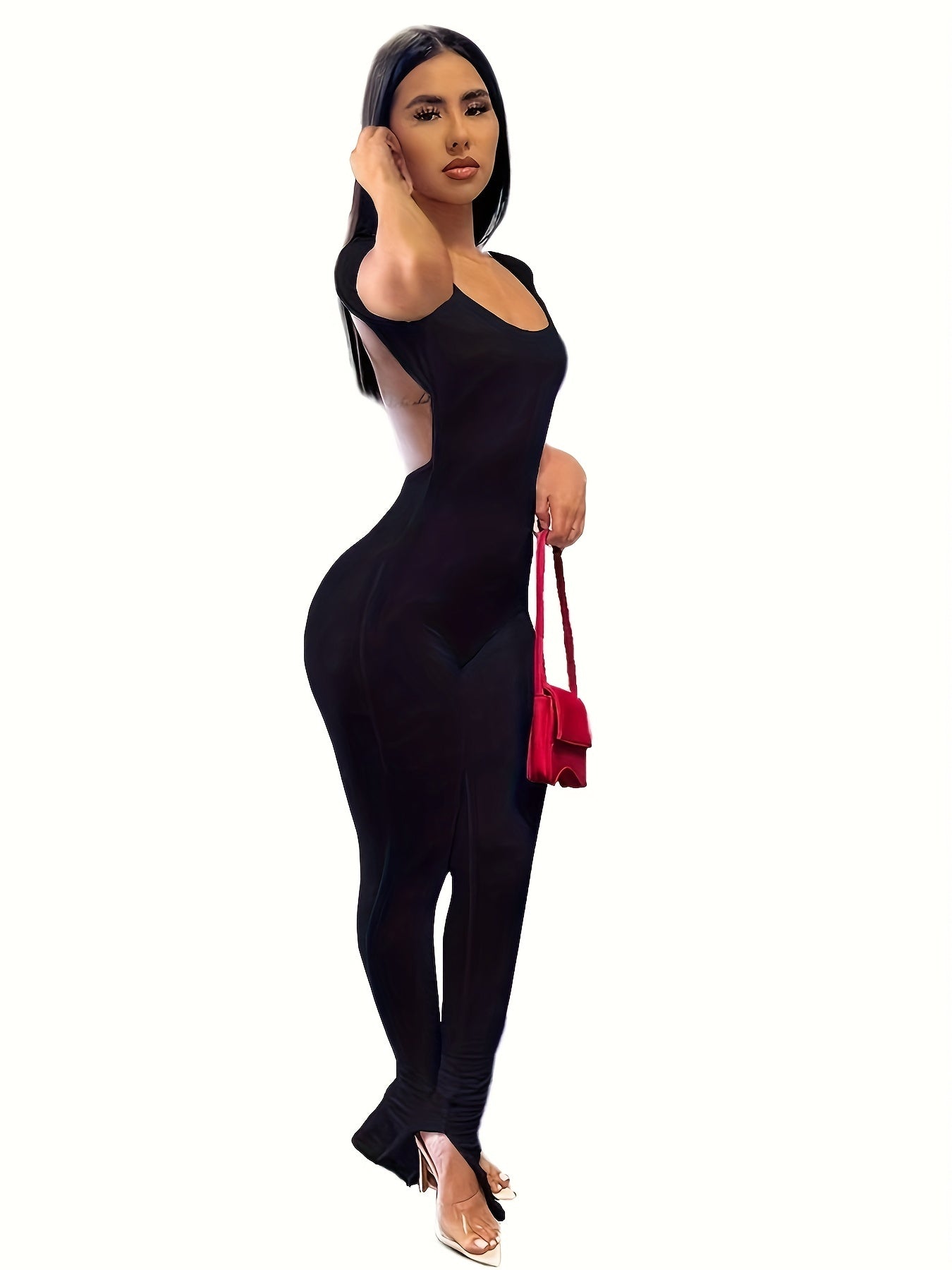 Solid Split Bodycon Jumpsuit, Sexy Backless Long Sleeve Jumpsuit - Stretchy Fabric - For Women - Perfect for Parties & Night Out -  Great Gift for Fashionistas
