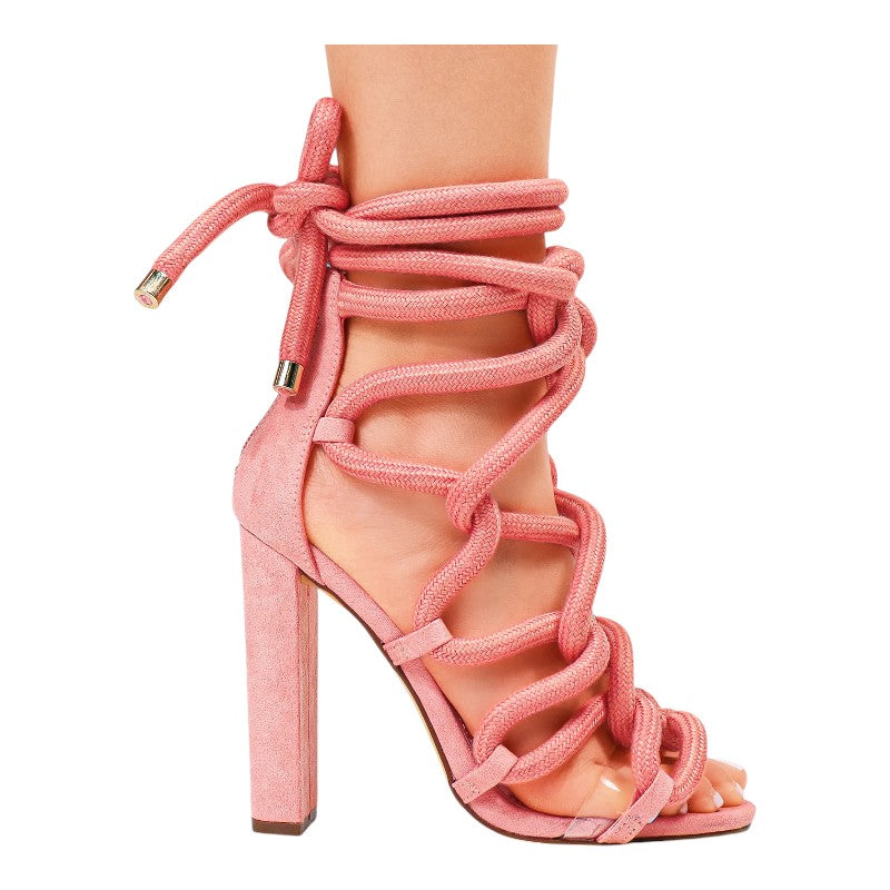 Women Chunky Heel Rope Lace Up High Heel Sandals