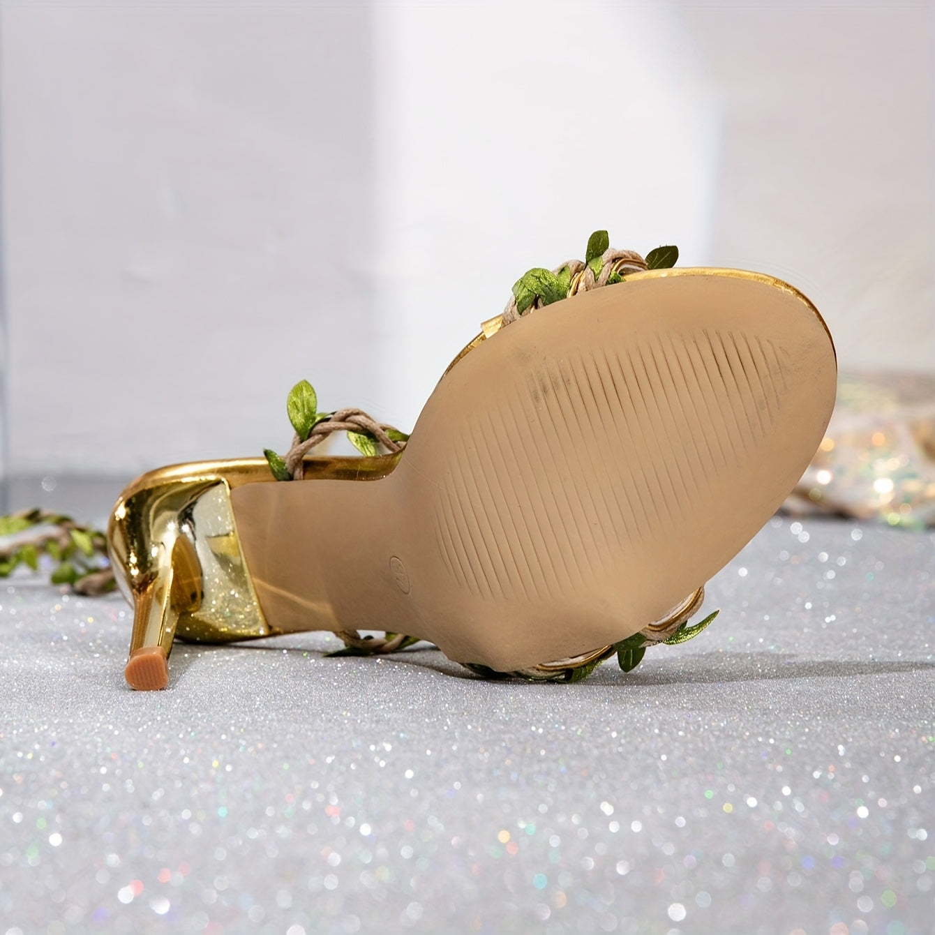Elegant Golden-Tone Heeled Sandals for Women - Summer 2025 Collection, Pointed Toe with Braided Green Leaf Vine Straps, Ultrahigh Stiletto Heels, Open Back Design, Synthetic Cover, PVC Sole, Perfect for All Seasons