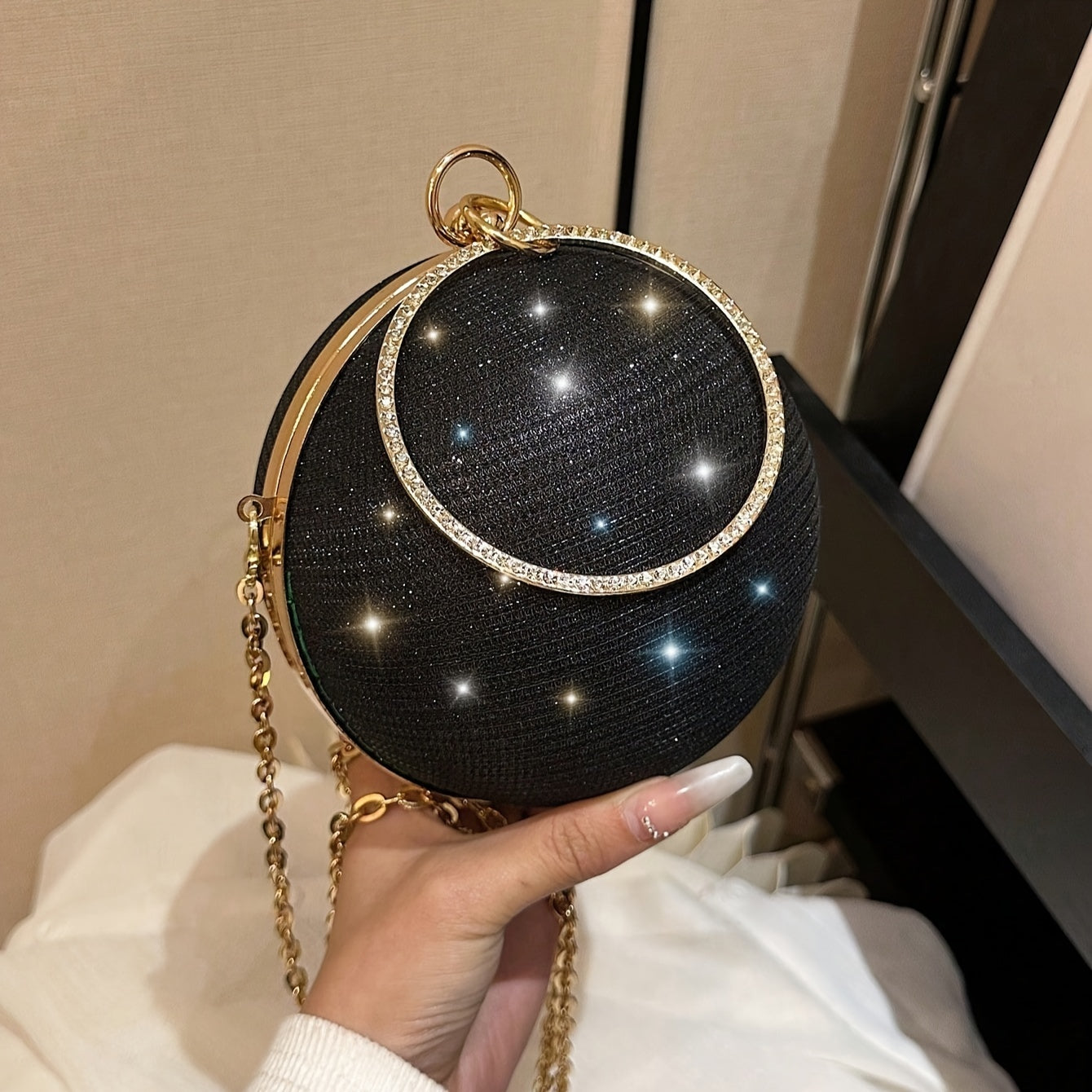 Shiny Mini Round Glitter Evening Bag - Classic Dinner Clutch Purse for Women - Carnaval Music Festival Handbag