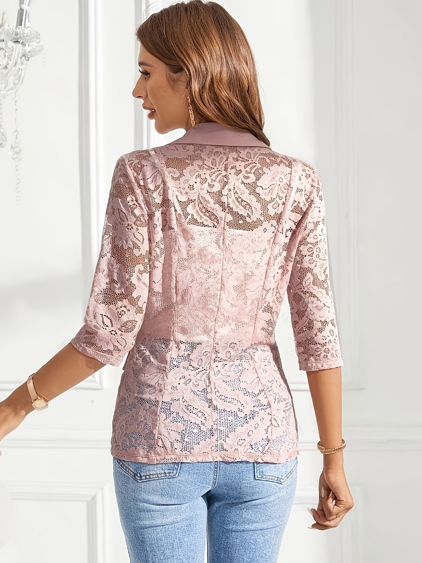 Women's Elegant Single-Breasted Blazer - Long Sleeve, Open Front, Smooth Polyester with Contrast Lace Detail, Lightweight 120g/m², Spring/Fall Office Wear | Sheer Design | Micro Elasticity