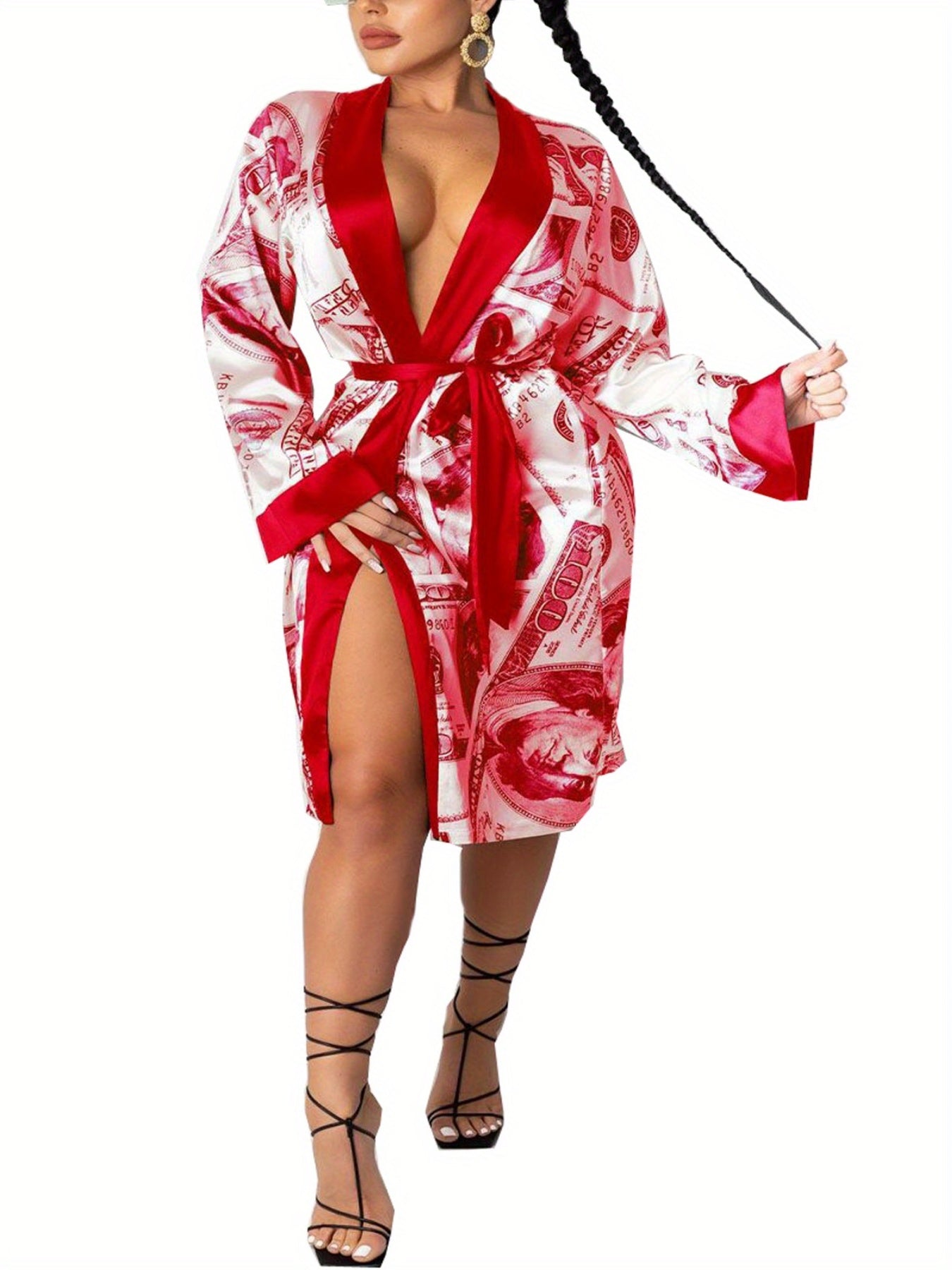 Women's Luxe Satin Robe with Golden Trim & Dollar Print - Long Sleeve V-Neck Kimono Bathrobe Sleepwear with Belt, Soft Polyester Fabric, Machine Washable, Ladies Bathrobe