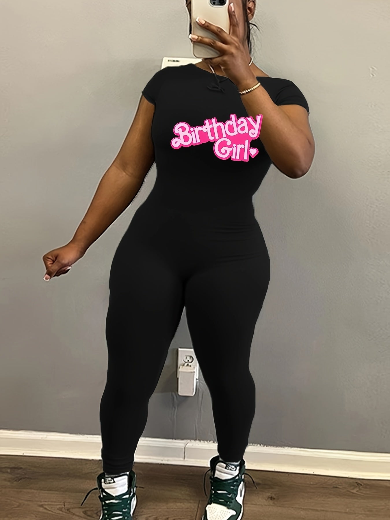 Women's Sexy Backless Bodycon Jumpsuit - Stretchy Polyester-Spandex Blend, Black with Pink "Birthday " Letter Print, Round Neck, Machine Washable, Spring/Summer Casual Outfit, Birthday Attire | Round Neck Jumpsuit | Stretchy