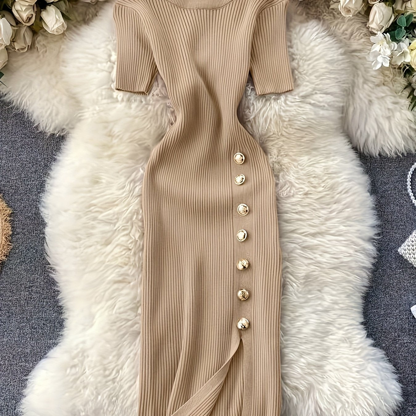 Sophisticated Gatherings] Elegant Beige Ribbed Knit Midi Dress with Side Slit and Button Detail - Short Sleeve, Round Neck, Stretchy Viscose Blend, Perfect for Sophisticated Evenings, Elegant Event Dress|Midi Length Dress|Lux