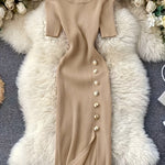 Sophisticated Gatherings] Elegant Beige Ribbed Knit Midi Dress with Side Slit and Button Detail - Short Sleeve, Round Neck, Stretchy Viscose Blend, Perfect for Sophisticated Evenings, Elegant Event Dress|Midi Length Dress|Lux
