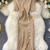 Sophisticated Gatherings] Elegant Beige Ribbed Knit Midi Dress with Side Slit and Button Detail - Short Sleeve, Round Neck, Stretchy Viscose Blend, Perfect for Sophisticated Evenings, Elegant Event Dress|Midi Length Dress|Lux