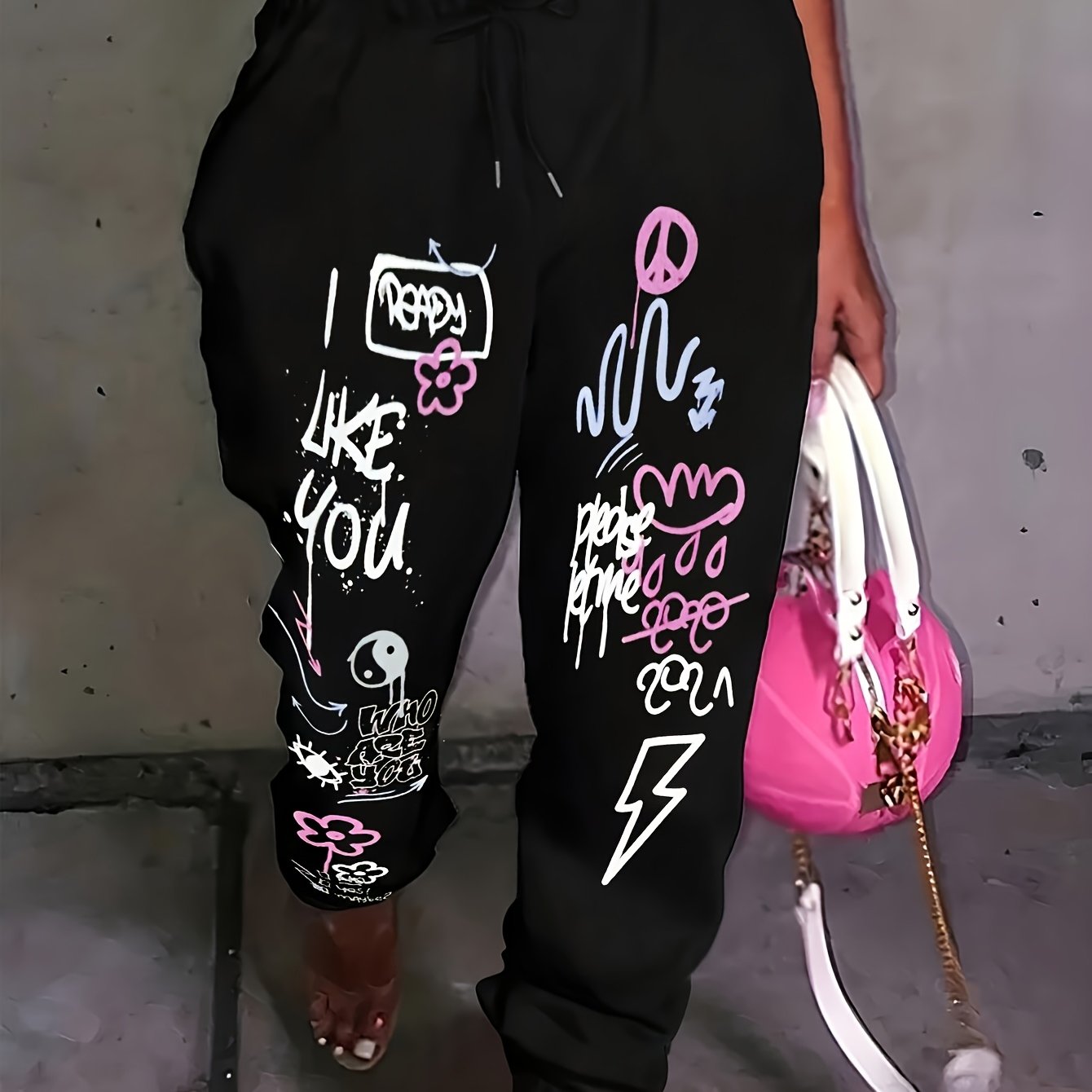 Women'S Casual Printed Sweatpants - Black with White Cartoon Face & Letter Design, Elastic Waistband with Drawstring, Lightweight Polyester for Spring/Fal