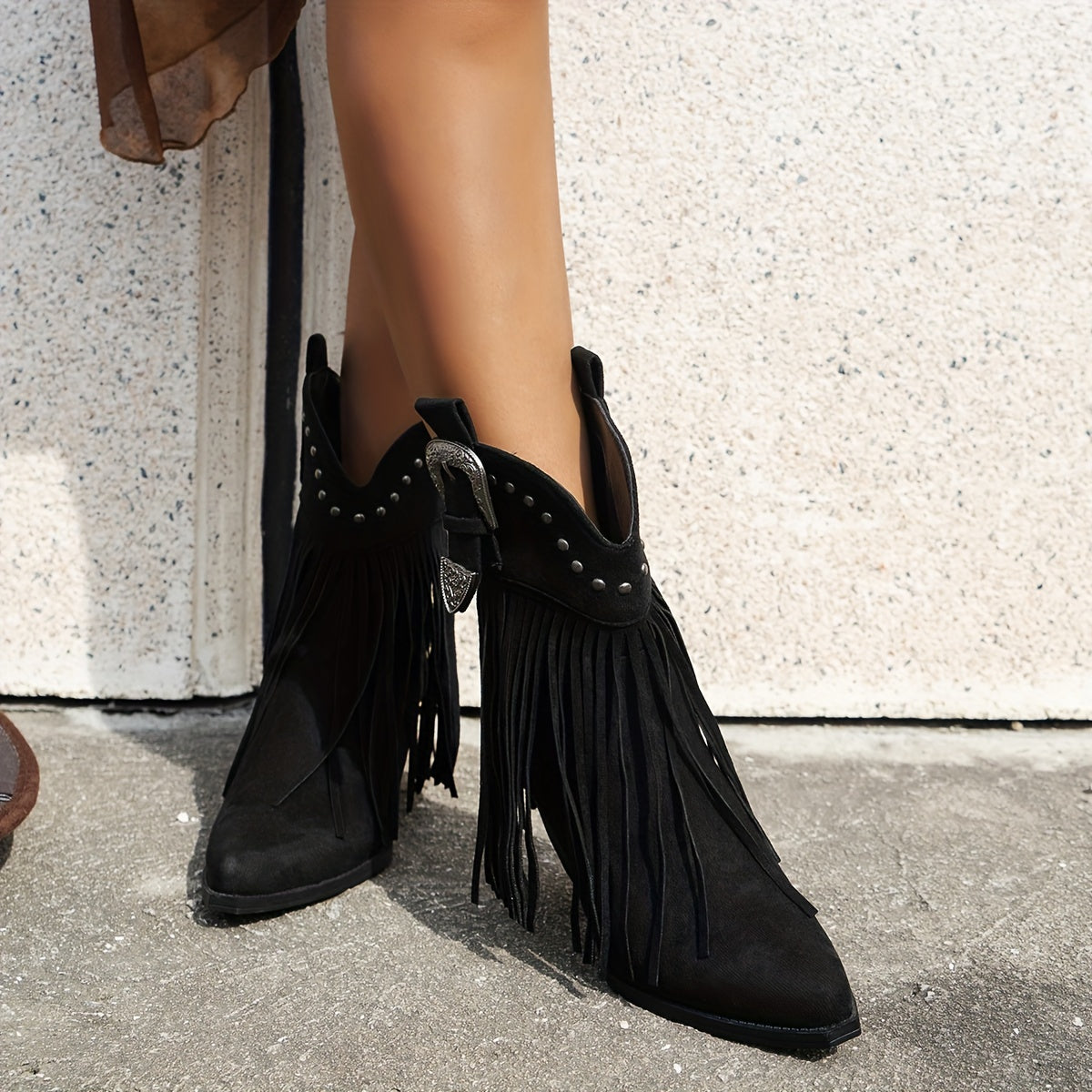 Chic Women's Mid-Calf Western Cowboy Boots with Tassel & Studded Details, Pointed Toe, Chunky Heel - Slip-On Casual Style