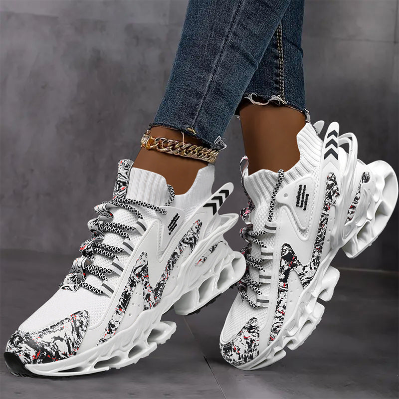 [White Breathable Mesh Sneakers] Stylish White Breathable Knit Mesh Sneakers - Women's Fashion Athletic Running Shoes with Non-Slip Blade Sole, Comfortable Lace-Up Mid-Top for Tennis & Casual Wear