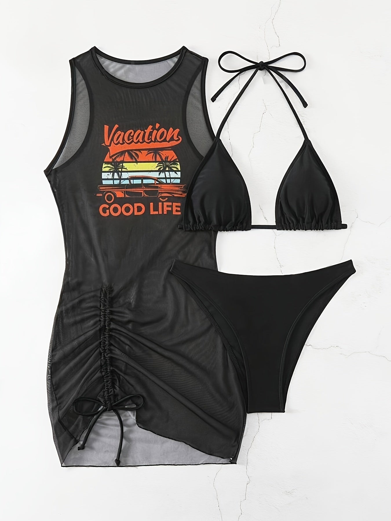 [Sexy Rope Bikini] Three-Piece Stylish Sexy Rope Bikini Set - Beach Vacation Cover Swimsuit for Women