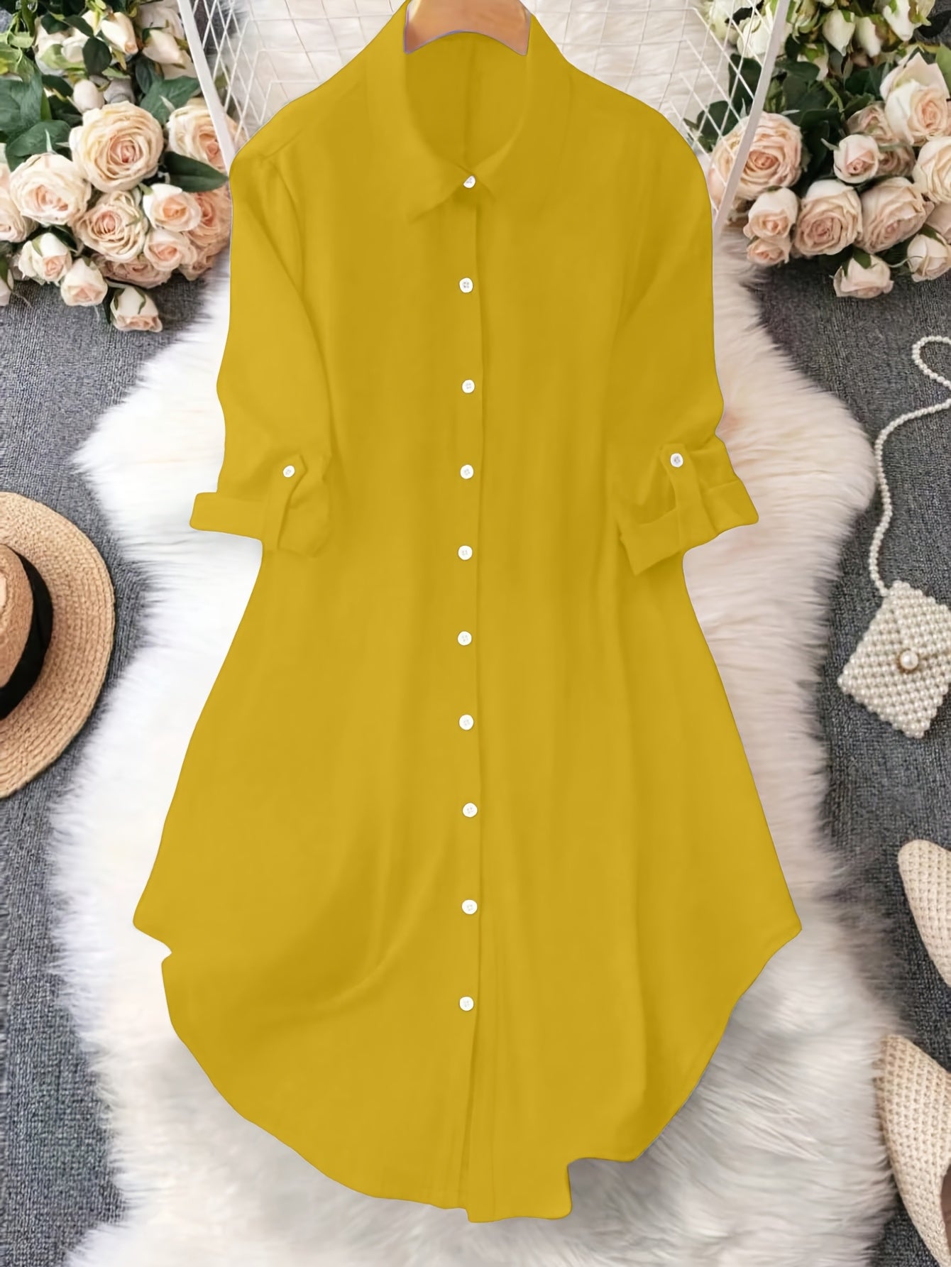 Women'S Light Blue Dress Shirt with Front Buttons and Sleeves - Casual Crew Neck, Long Sleeve, Solid Color, Polyester, Perfect for Spring and Fall, Ladies Dress