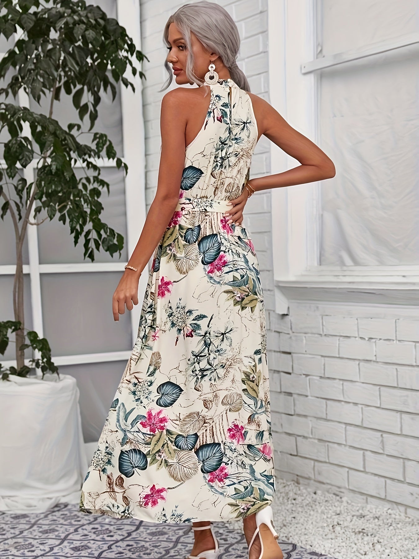 Belted Floral Print Split Halter Dress, Vacation Sleeveless Dress For Spring & Summer, Women's Clothing
