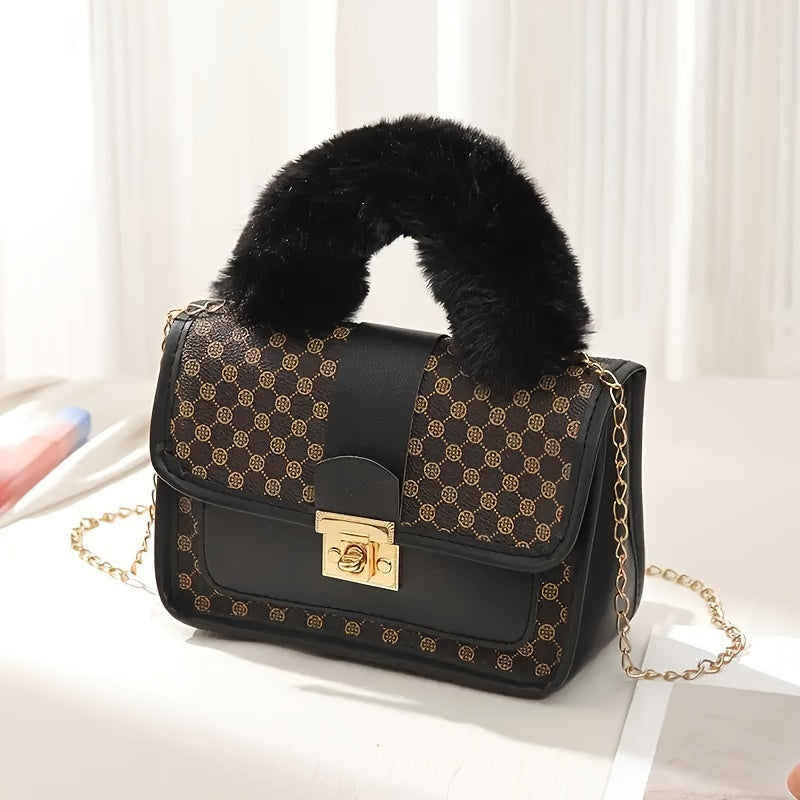 Women'S Vintage Faux Fur Shoulder Bag with Geometric Pattern, Retro Style, Lightweight, Detachable Chain Strap, Safety Lock Closure, Polyester Lining, Ideal for Casual Dates & Special Occasions, Available in White, Black, and
