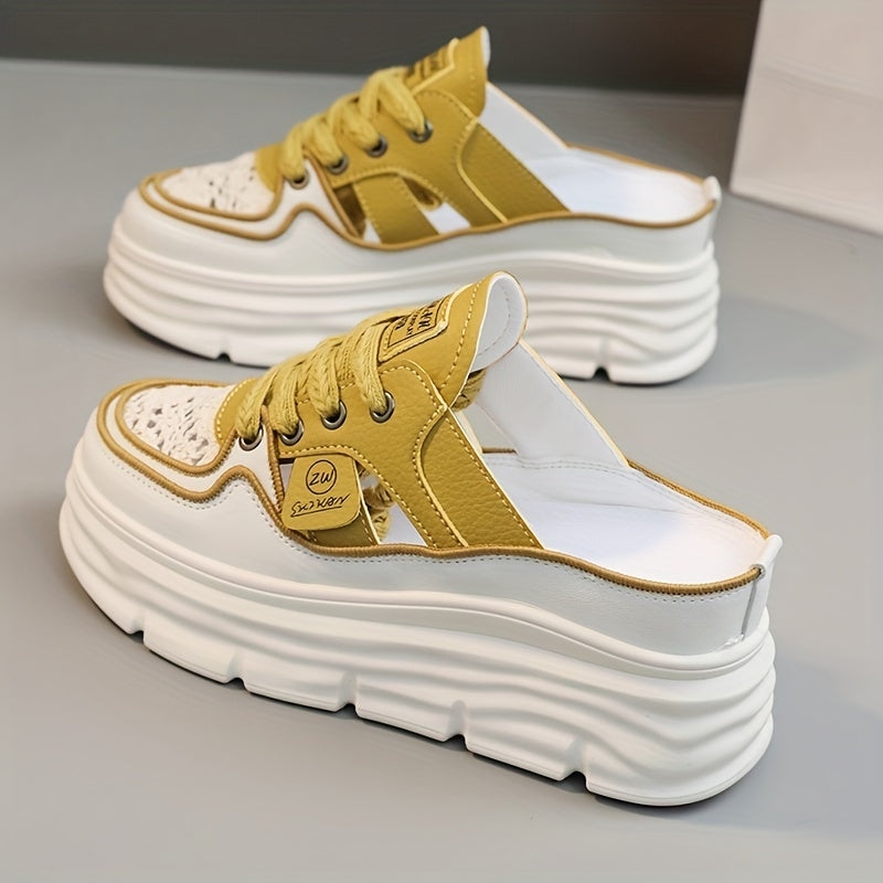 Comfortable Breathable Women's Platform Mule Sneakers, Casual Cutout Design Lace Up Summer Shoes