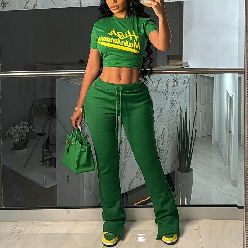 Spring & Summer Women's Casual Crew Neck Crop T-shirt & Drawstring Waist Slim Pants Set - Letter Print - For Women