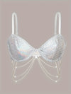 Faux Pearl Chain Detail Bra, Shiny Geo Pattern Bra, Women's Sexy Lingerie & Underwear