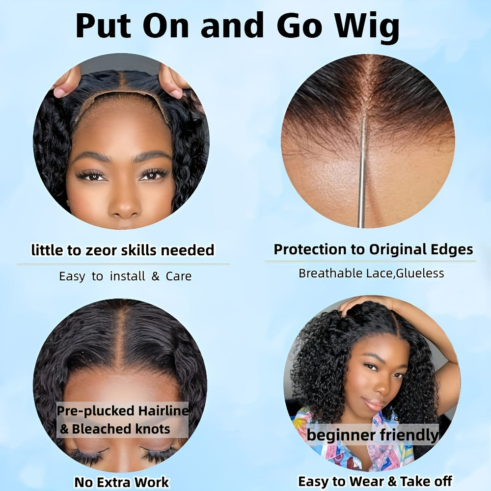 [150% Density Curly Bob Wig] Easy-to-Wear Curly Wave Bob Wig for Women | 100% Brazilian Human Hair | Pre-Plucked & Pre-Cut with Adjustable No-Glue 4x4 HD Lace Closure | Natural Black, 150% Density | Versatile & Beginner-Frien