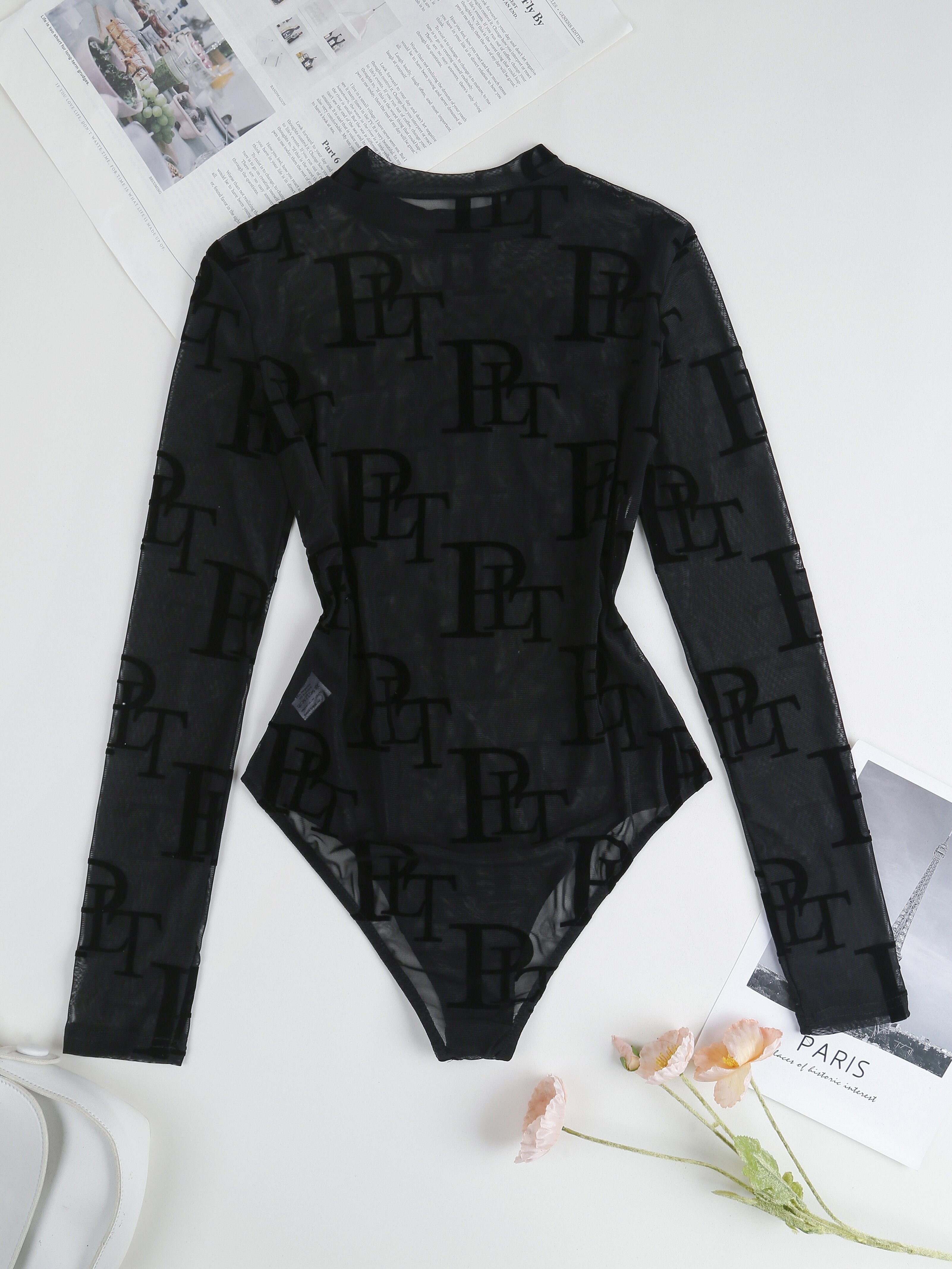 Letter Print Crew Neck Bodysuit, YOUNG Long Sleeve Mesh One Piece Bodysuit, Women's Clothing