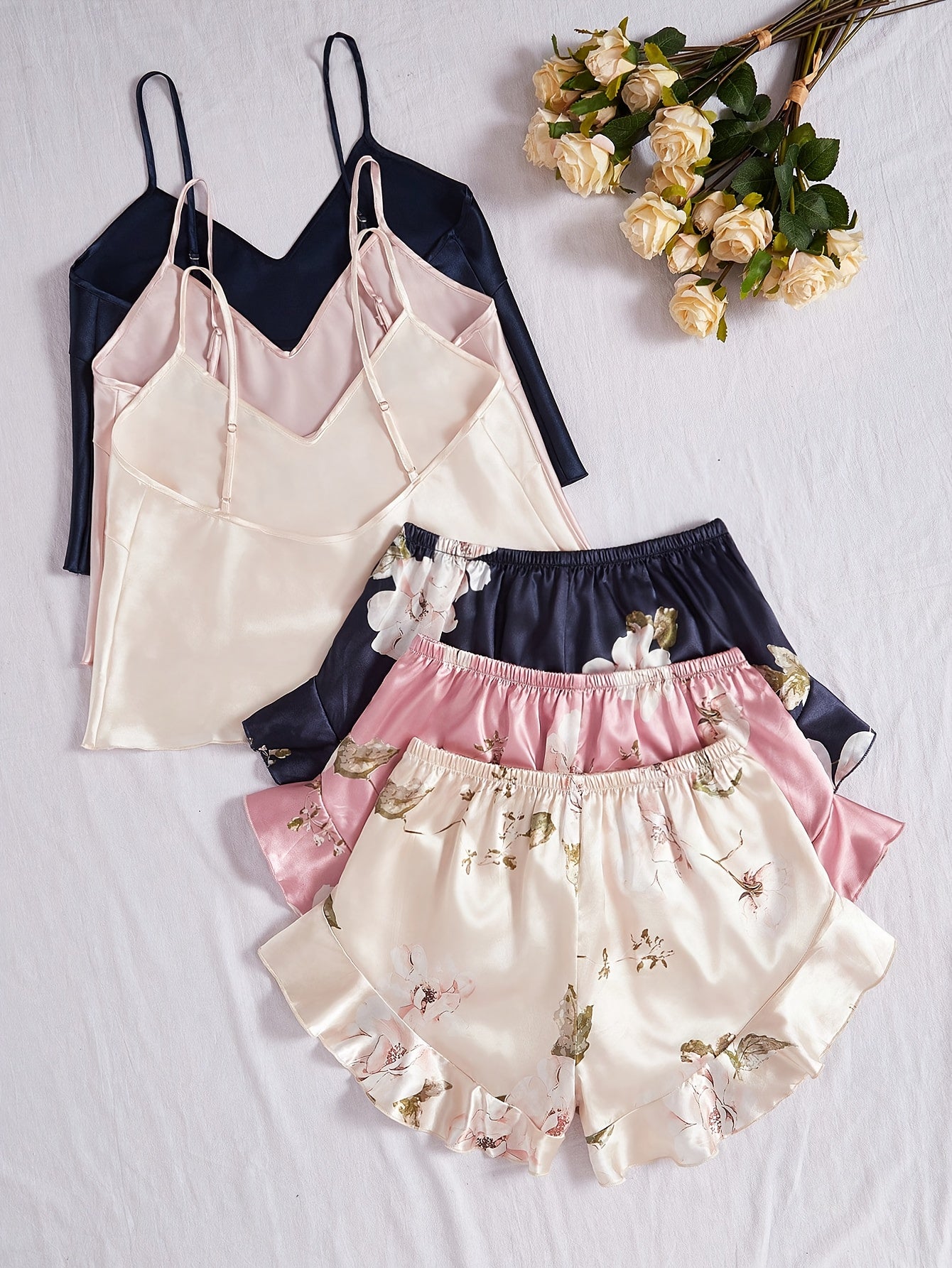 6pcs Camisole Shorts Pajamas in Various Color Combinations, Sweet Women'S Pajama Set, Faux Silky Women'S Loungewear And Casual Wear.