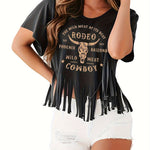 Autumn Women's Patterned T-shirt Western Style Shirt Retro Denim Tassel Shirt Country Concert Top Short Sleeved