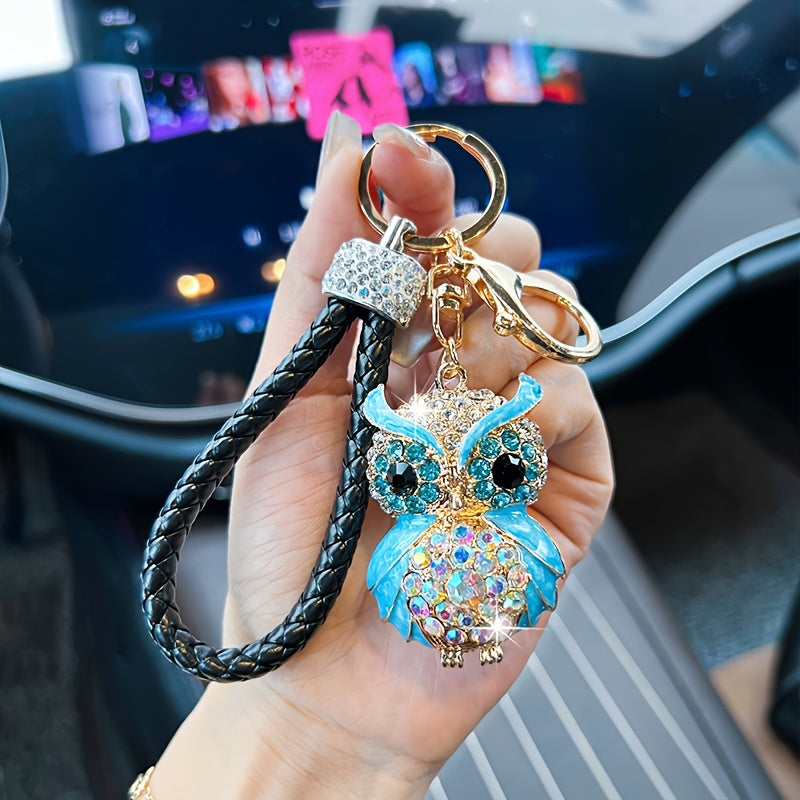 Rhinestone Owl Keychain - Cute Alloy Charm with Braided Rope, Sparkling Cartoon Owl Design, Perfect for Car Keys & Bags, Ideal Birthday Gift, Novelty Keychai