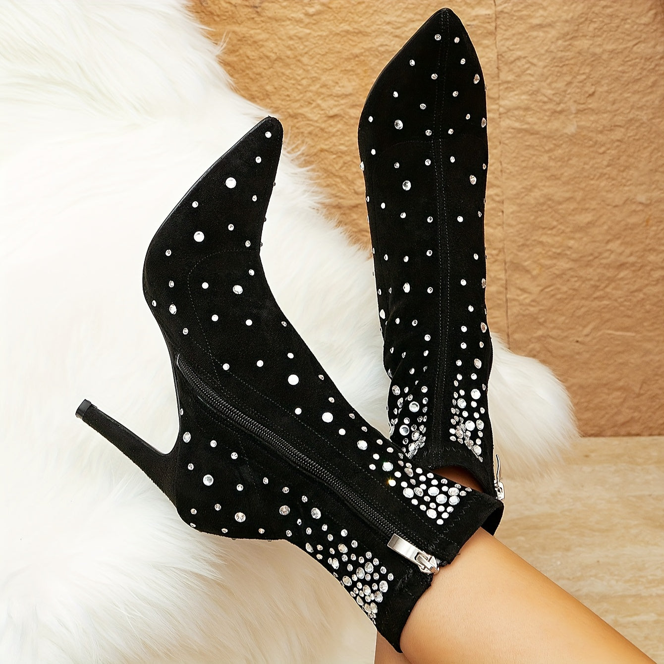 [Elegant Ankle Boots] High Heel Elegant Women's Black Ankle Boots - Chic Mid-Calf Fashion Boots with Rhinestone Accents, Pointed Toe, and Side Zipper