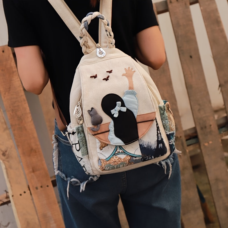 Randomly Cut Bohemian Style Ethnic Style Multi-color Cute Kitten And Goose Double Shoulder Backpack Personality Fashion Backpack
