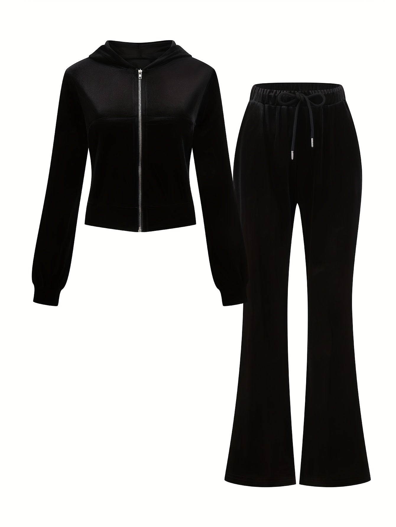 Spring/Summer Black Rhinestone Decorated Hooded Zipper Top and Pocket Pants Women's Casual Sports Suit
