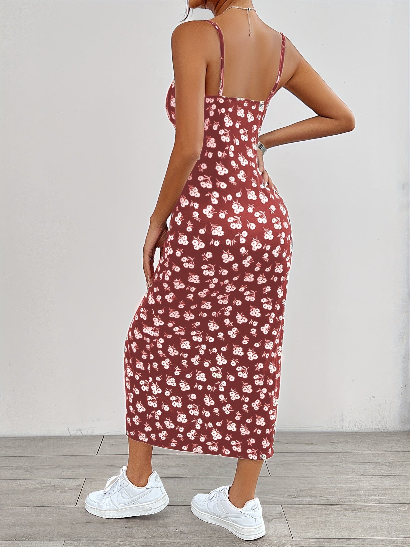 Floral Print Split Hem Cami Dress - Elegant Sleeveless Spaghetti Strap Dress For Spring & Summer - Women's Clothing - For Women - Perfect for Casual & Party Occasions - Ideal Gift for Her