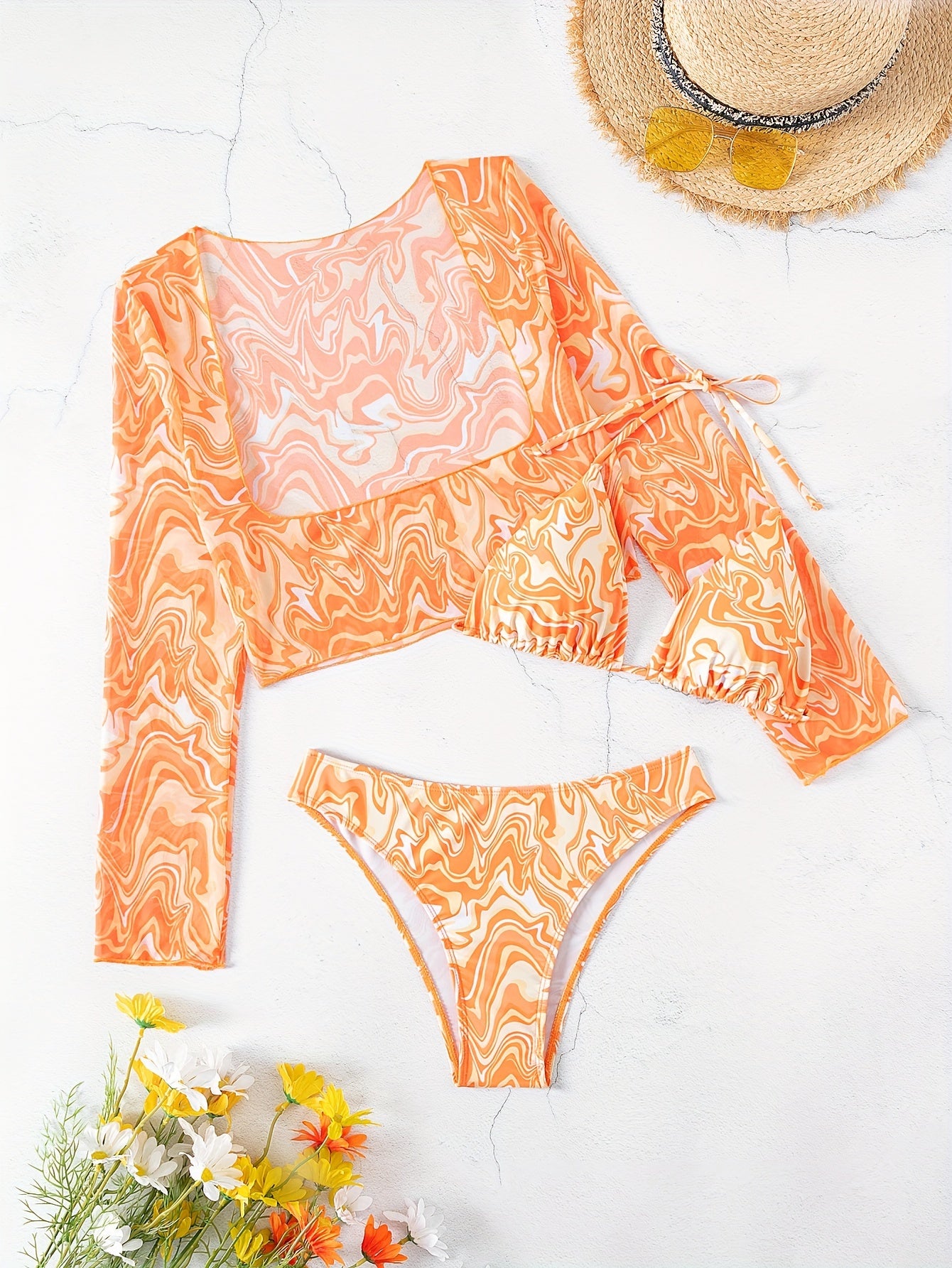 Women's Fashionable Long Sleeve V-Neck Bikini Set - Polyester Stripe Print Swimsuit with Medium Stretch Knit Fabric - Orange and White - For Beach Vacations - Perfect for Summer