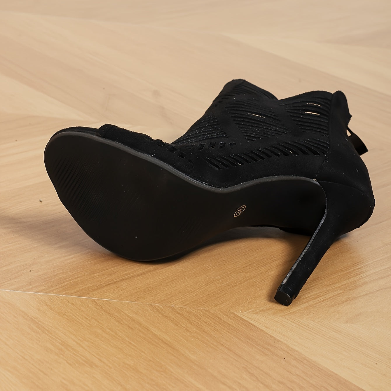 Elegant Women's Black Stiletto Heeled Sandals with Peep Toe and Laser-Cut Fishnet Design - High Heel, Back Zip Closure, Rubber Sole Dress Boots for All Seasons, High Heel Sandals