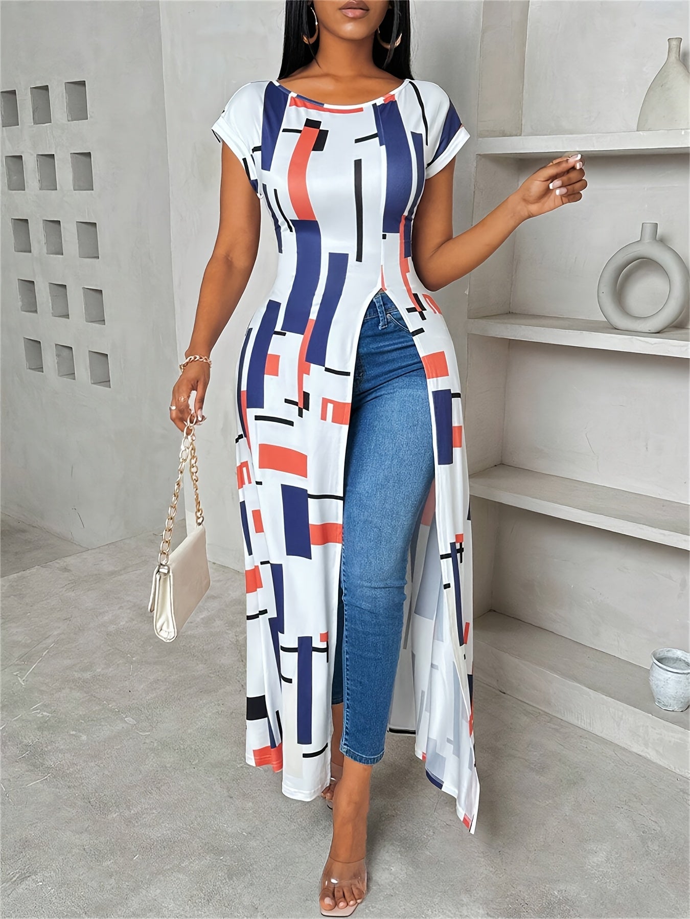 Women'S Geometric Print Round Neck Short Sleeve Casual T-shirt With Side Slit Hem Long Top, Spring/summer Women'S Wear