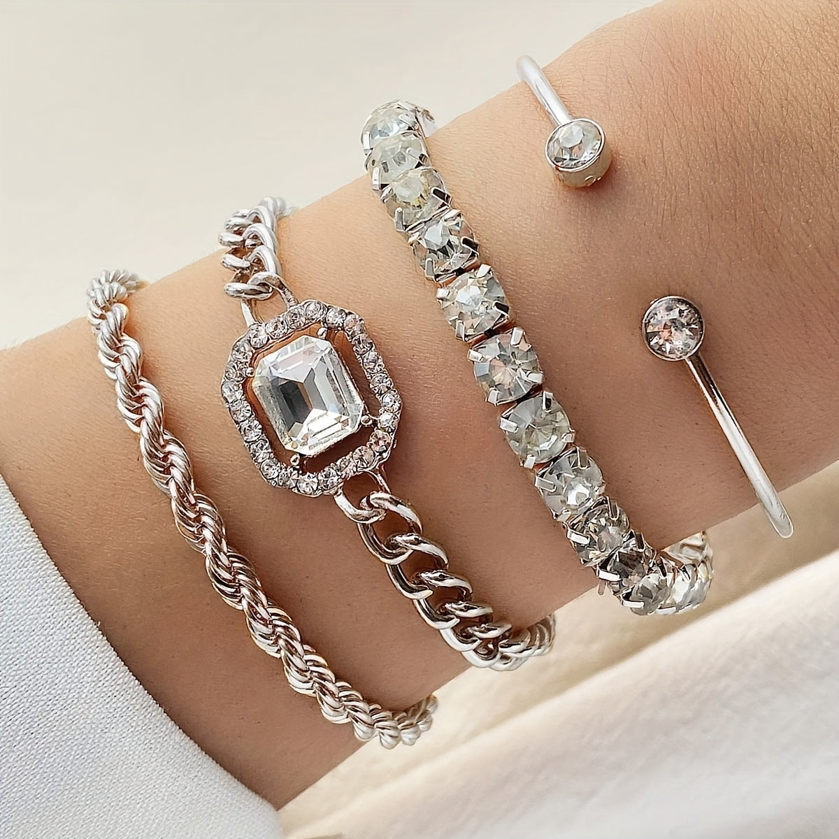 4pcs/Set Elegant Imitation Gemstone Rhinestone Claw Chain Twist Bracelet Open Bangle for Women, Perfect for Vacation & Casual Attire