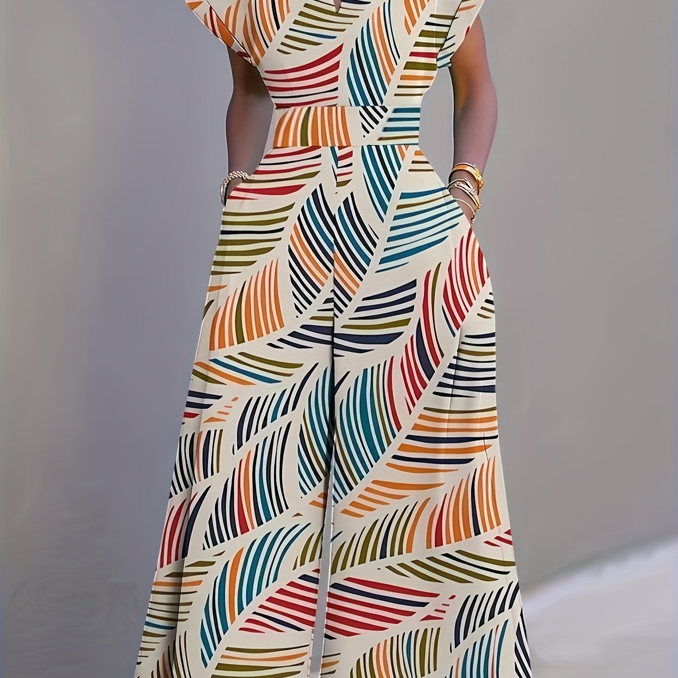 Vibrant Tropical Leaf Print Women'S Jumpsuit - Casual V-Neck, Sleeveless Romper with Matching Overalls, Colorful Abstract Design, Perfect for All Seasons, Allseason Jumpsuit|Vneck Romper|Colorful Abstract Print
