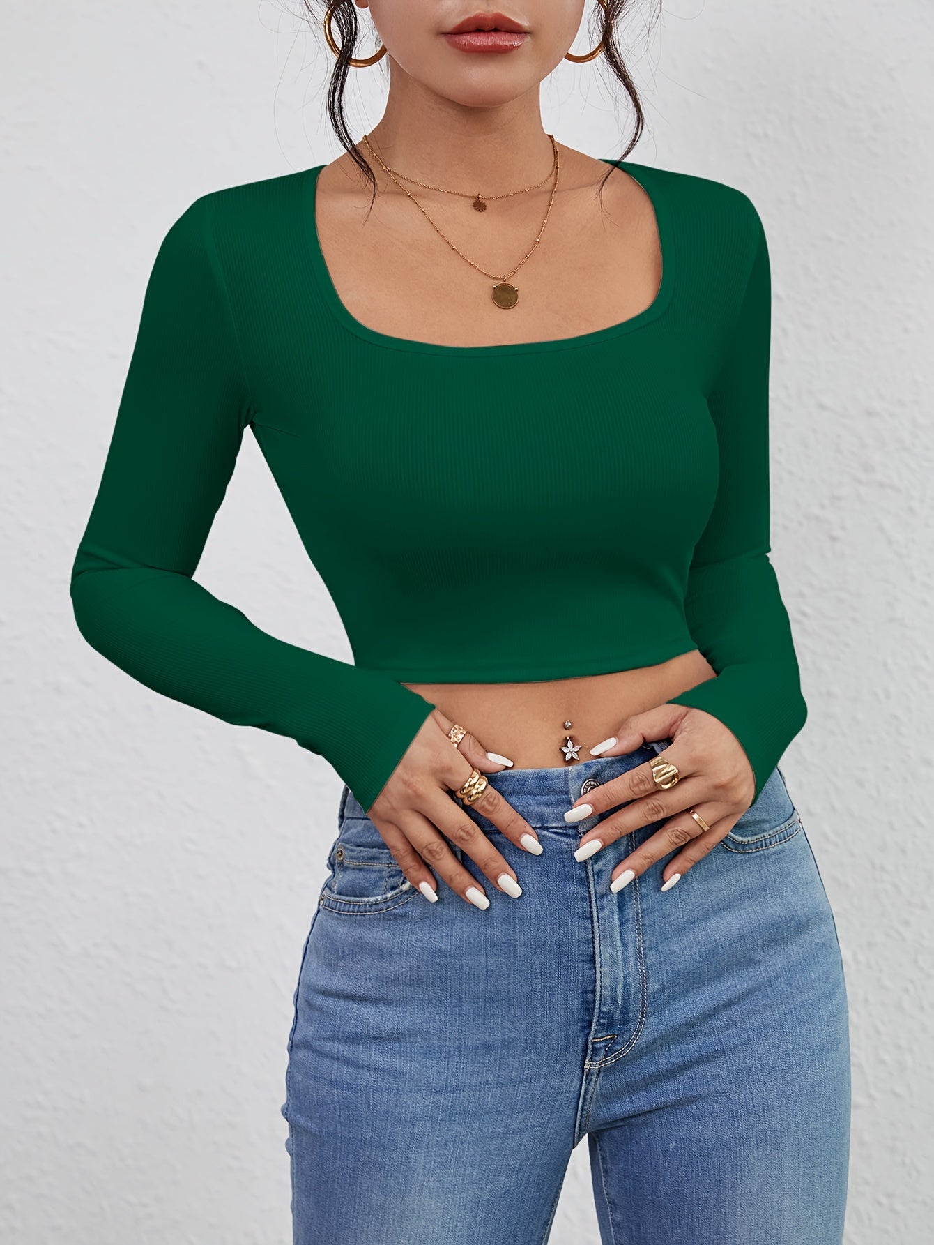 Squared Neck Cropped T-shirt, Casual Long Sleeve Solid T-shirt, Women's Clothing