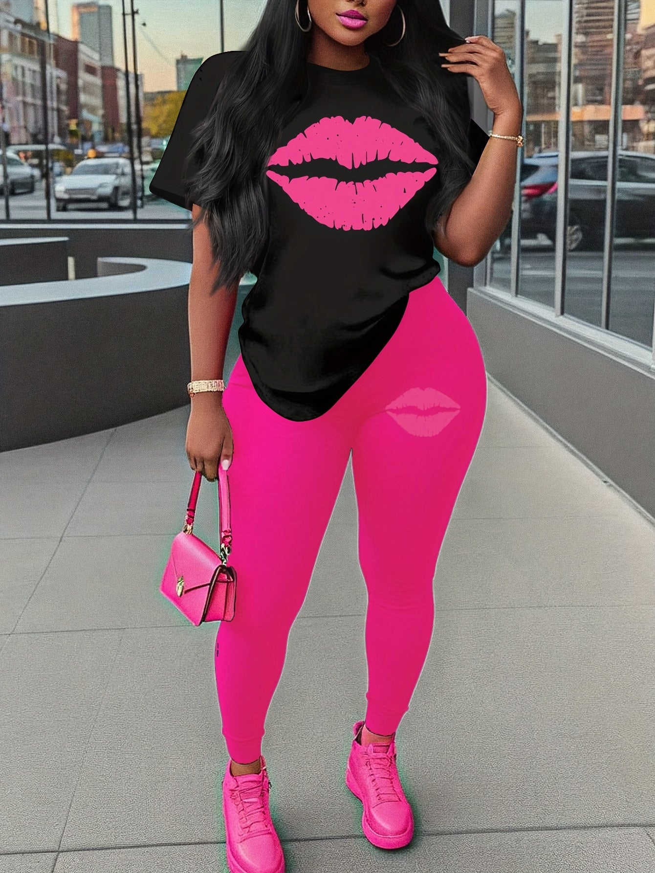 love graphic print two piece set, short sleeves T-shirt & Leggings, Women's clothing