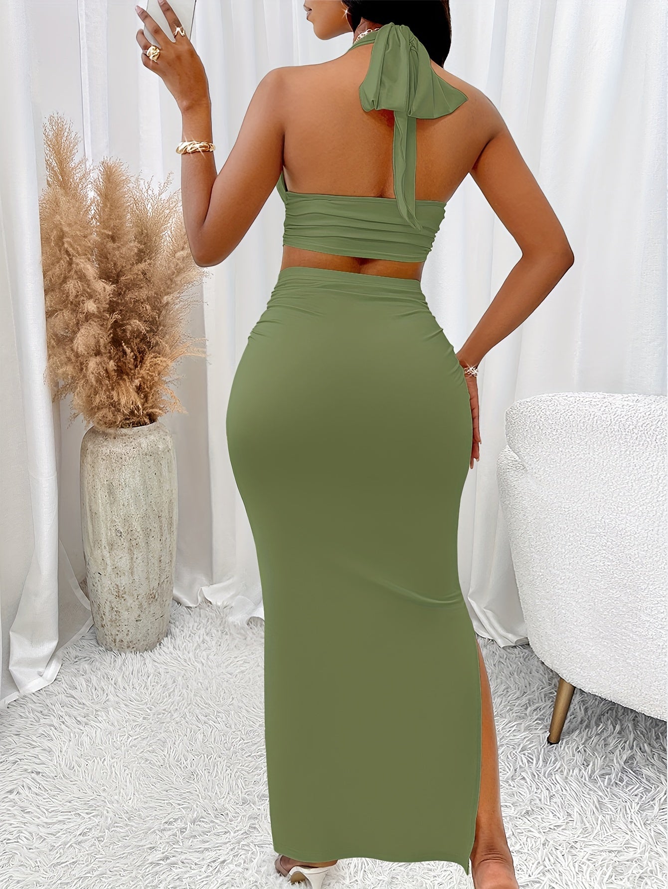 Women'S Elegant Halter Neck Sleeveless Backless Knit Dress and Skirt Set, Solid Color, Slight Stretch Polyester Elastane Fabric, 200g/m², for Spring/Summer
