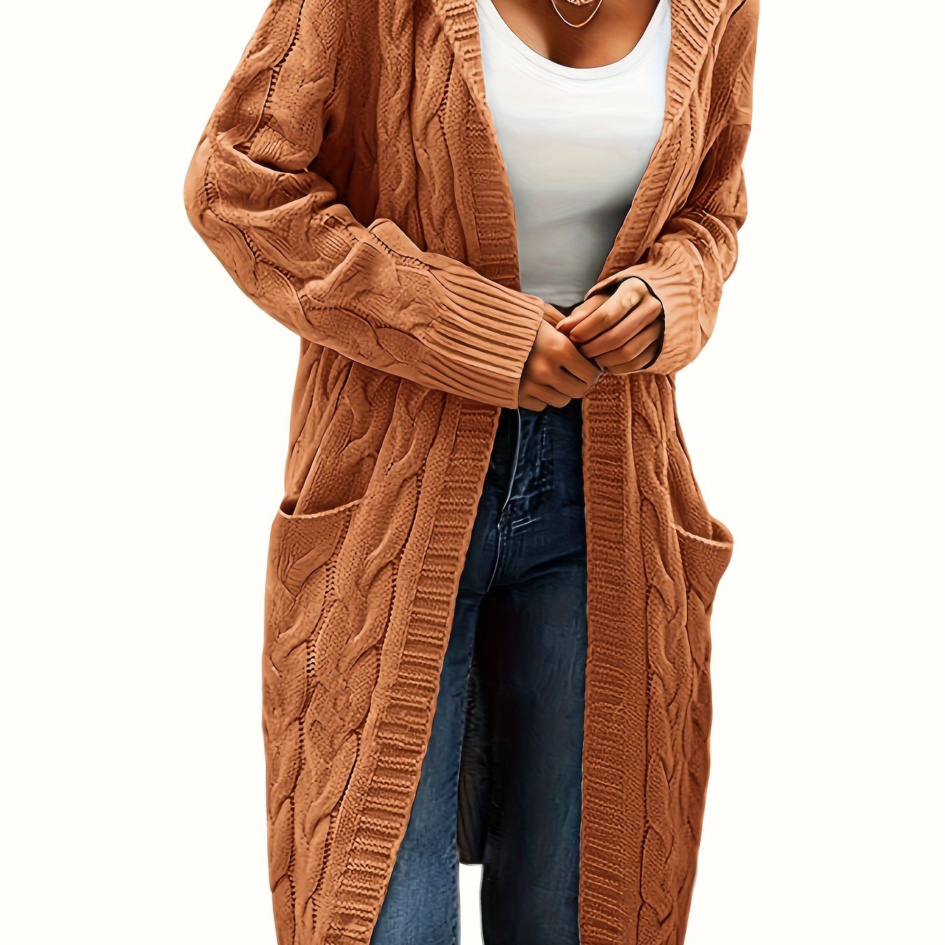[Open Front] Women's Casual Cardigan - Black Cable Knit, Long Sleeve, Open Front with Pockets - Relaxed Fit for Fall/Winter