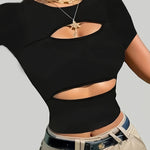 Women's Sexy Backless Cropped T-Shirt - Stretchy Slim Fit Short Sleeve Top, Black Solid Color Casual & Layering Essential, Machine Washable All-Season Versatile Tee, Layering Fashion Top | Halter Neckline Top | Medium Elastic