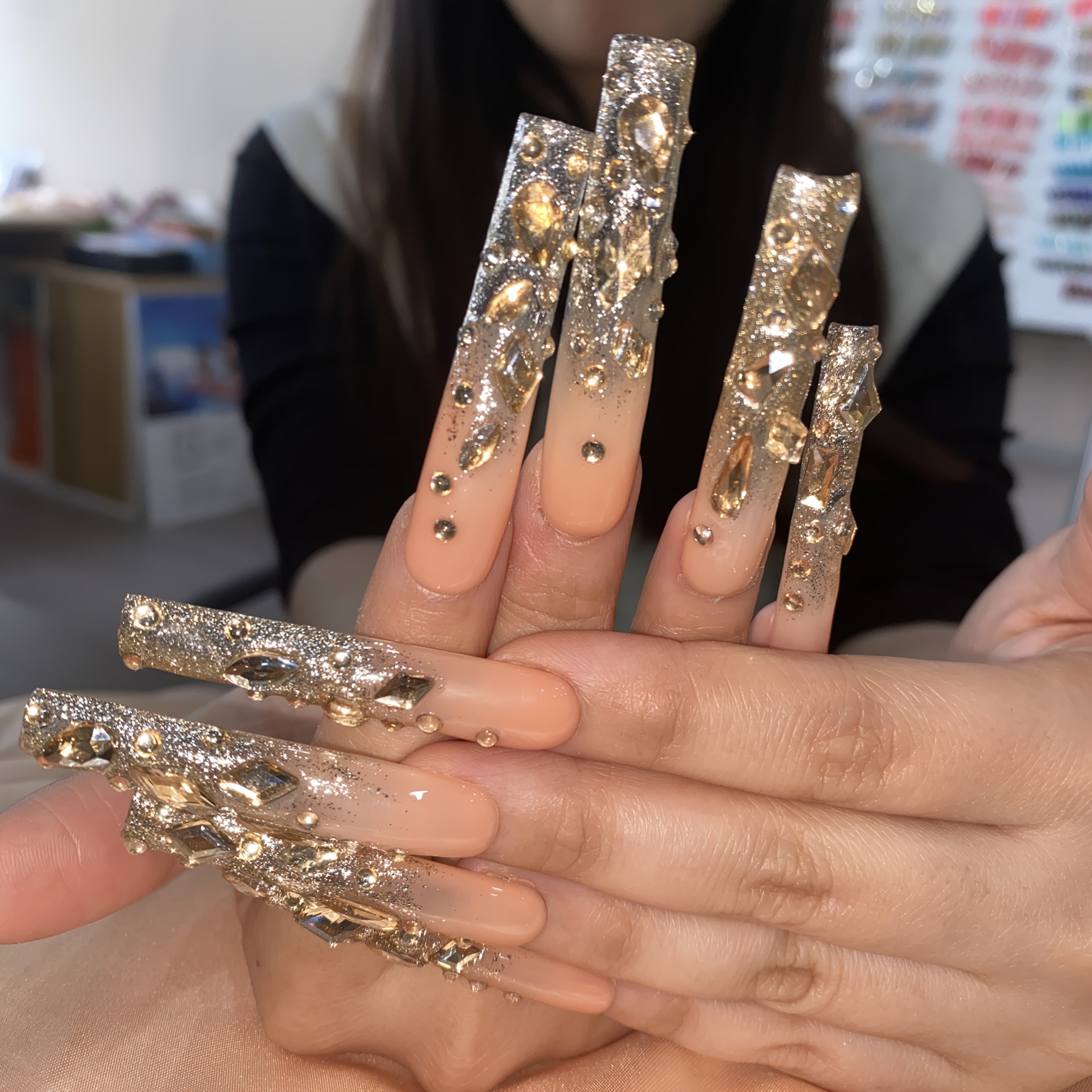 Luxury 10pcs Set Handmade Champagne Golden Full-Coverage Rhinestone Extra-Long Press-On Nails | Party & Salon Accessories | Festive Gift for Women | Golden Glam Art Nails with Ultra-Sparkling Hand-Set Crystals