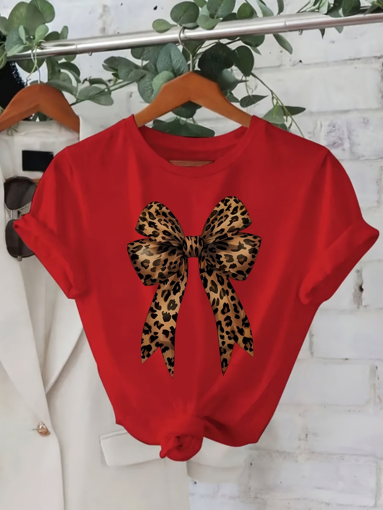 Women's Casual Leopard Print Bowknot T-Shirt - Short Sleeve, Round Neck, Soft & Comfortable Fabric, Perfect for Spring/Summer Fashion, Green Graphic Tee with Stylish Bow Design, Casual Wear | Playful Graphic Tee | Stylish Gra