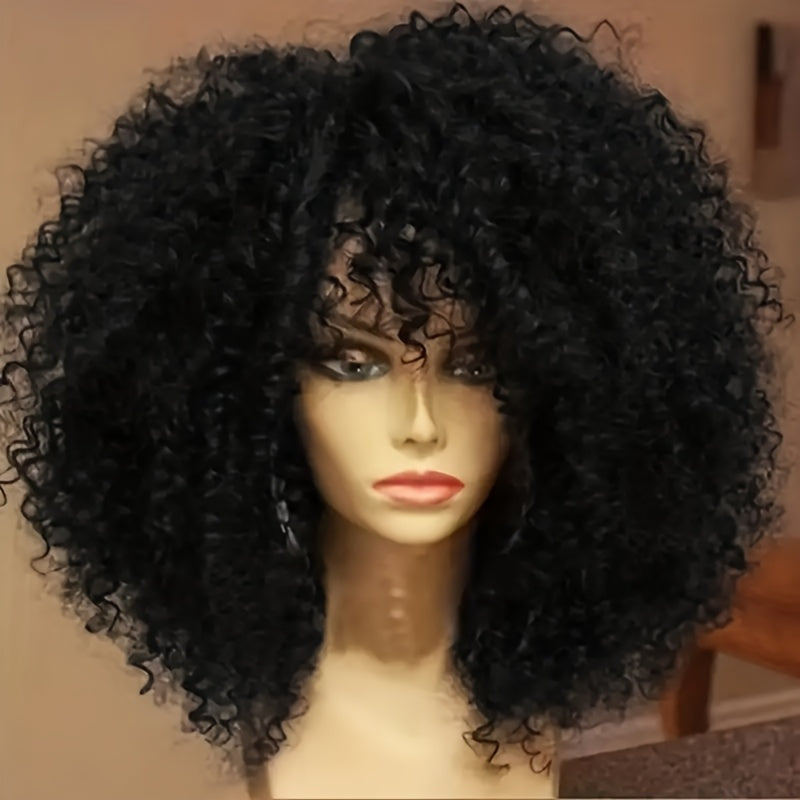 Curly Afro Wig With Bangs Short Kinky Curly Wig For Women Synthetic Black Curly Wigs Shoulder Length Glueless Afro Wig