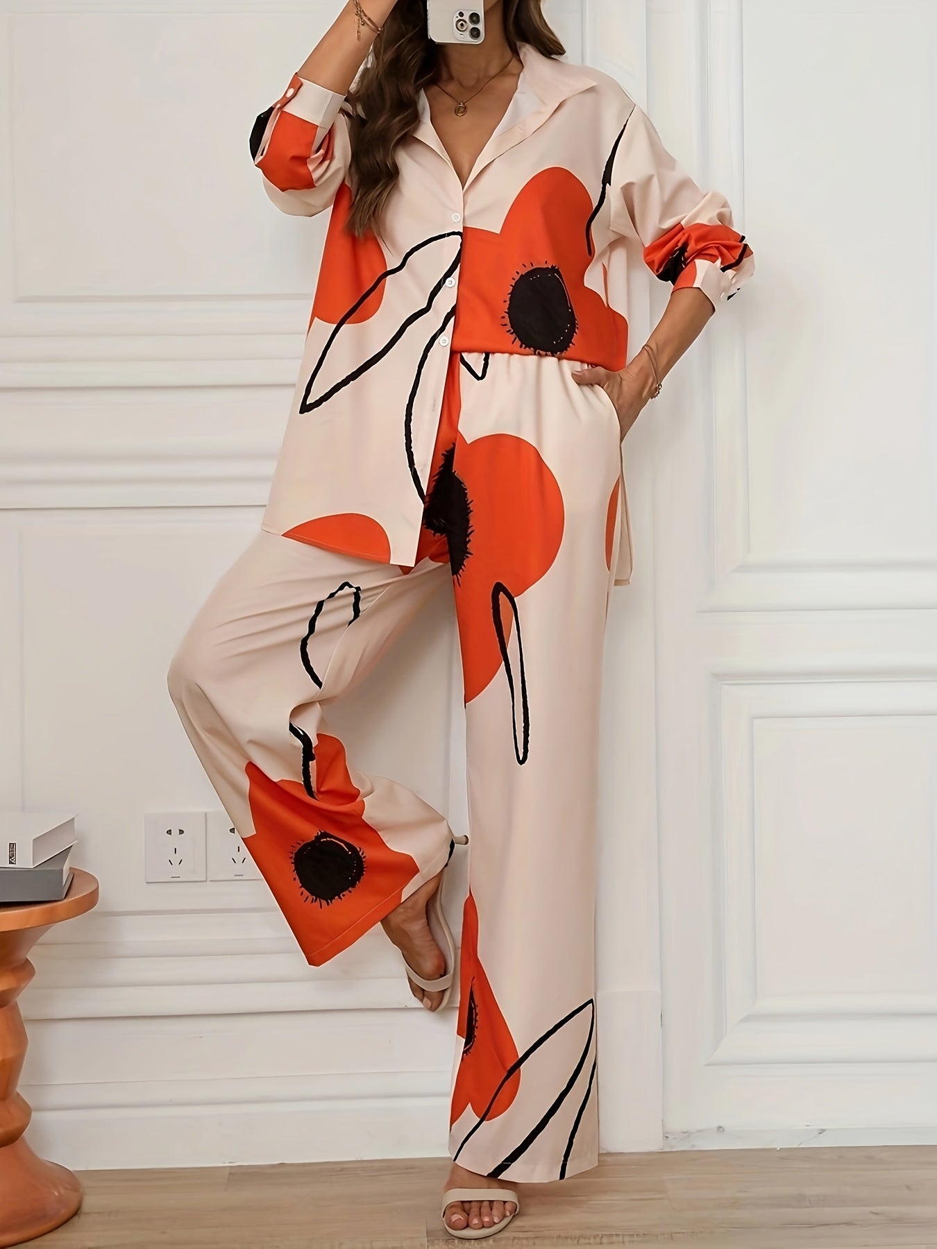 Women'S Floral Print Long Sleeve Shirt & Double Side Pocket Wide Leg Pants Set - Casual Elegant Style, Polyester, Spring/Summer Collection