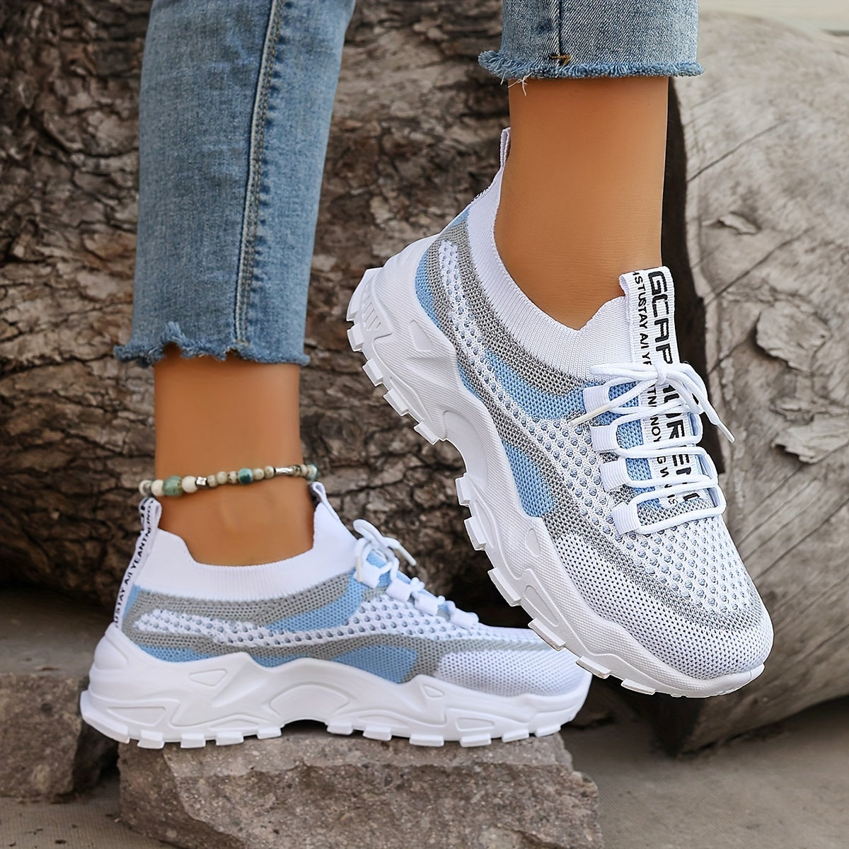 Women's Breathable Colorblock Knitted Sneakers - Stylish Low Top Running Trainers, Comfy Outdoor Sports Shoes, Plus Size
